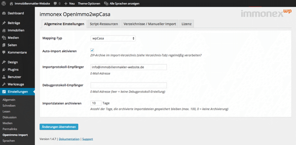 Screenshot immonex OpenImmo2wpCasa - WP-Backend - Plugin-Optionen