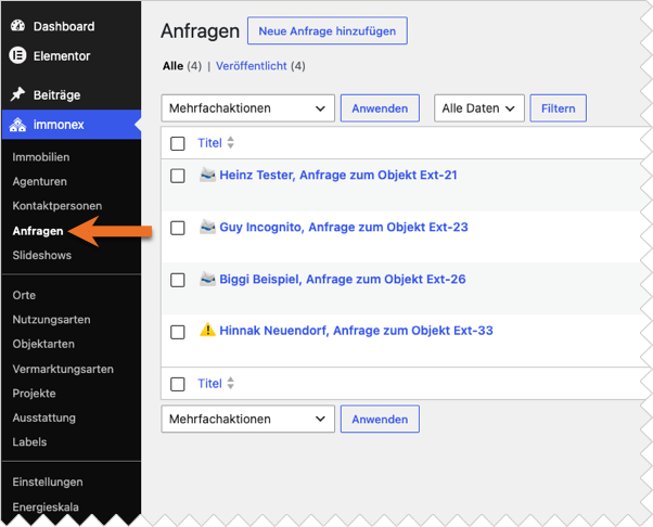 Kickstart Team Anfragenliste im WordPress-Backend
