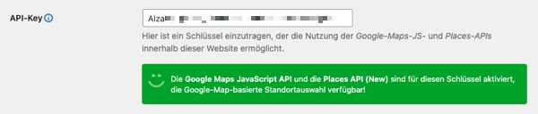 Google API Key inkl. Status in den Plugin-Optionen
