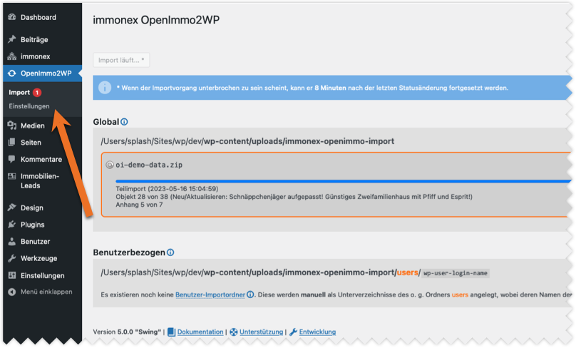OpenImmo2WP im WordPress-Backend