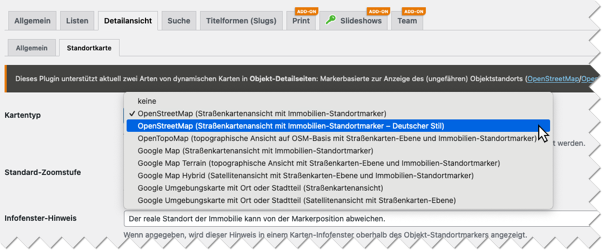 Auswahl des Kartentyps in den Plugin-Optionen