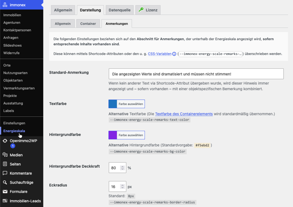 Screenshot: Optionen f&uuml;r den Anmerkungsabschnitt der Energieskala im WP-Backend